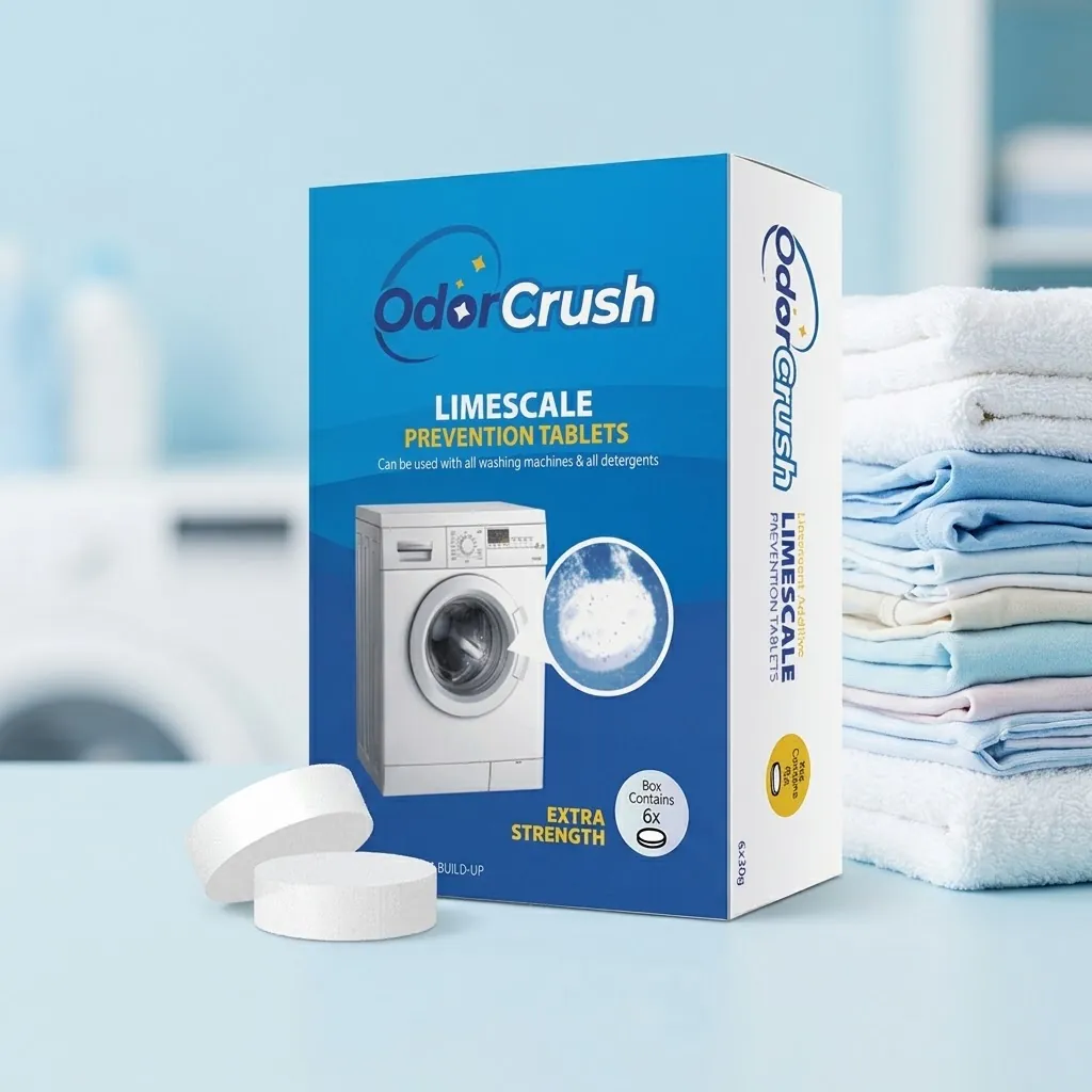 OdorCrush box with a stack of fresh laundry