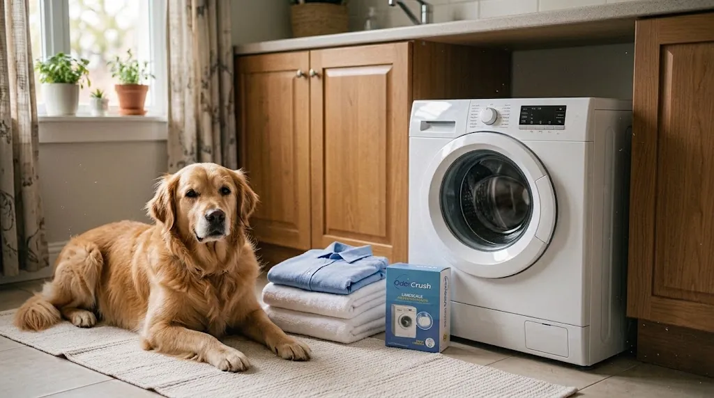 Golden retriever resting by the washing machine with folded laundry